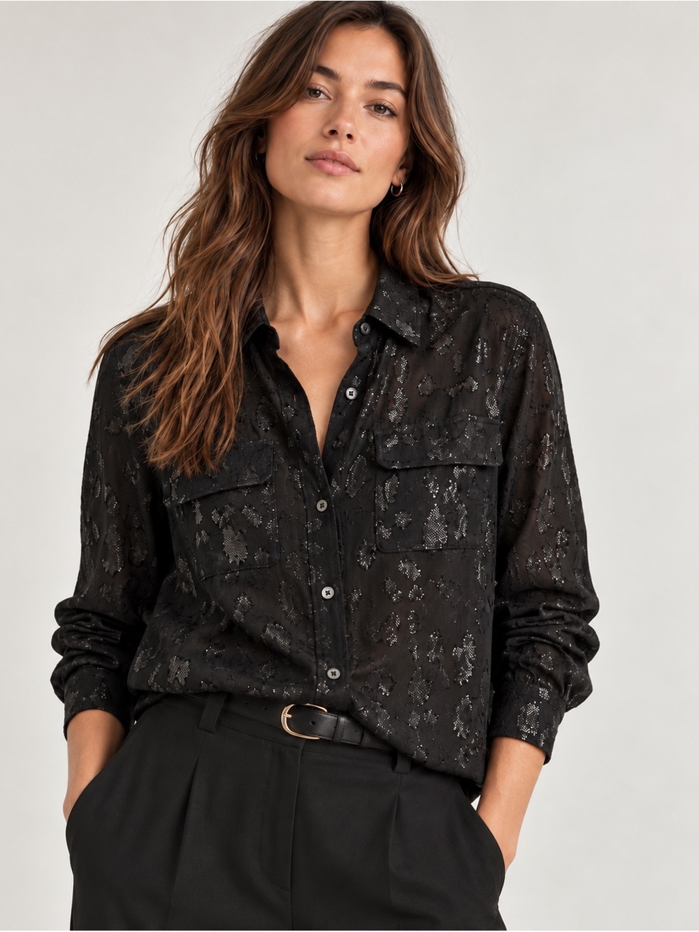 Equipment Femme Black Silk Jacquard Leopard Button-Up Blouse, Size Small